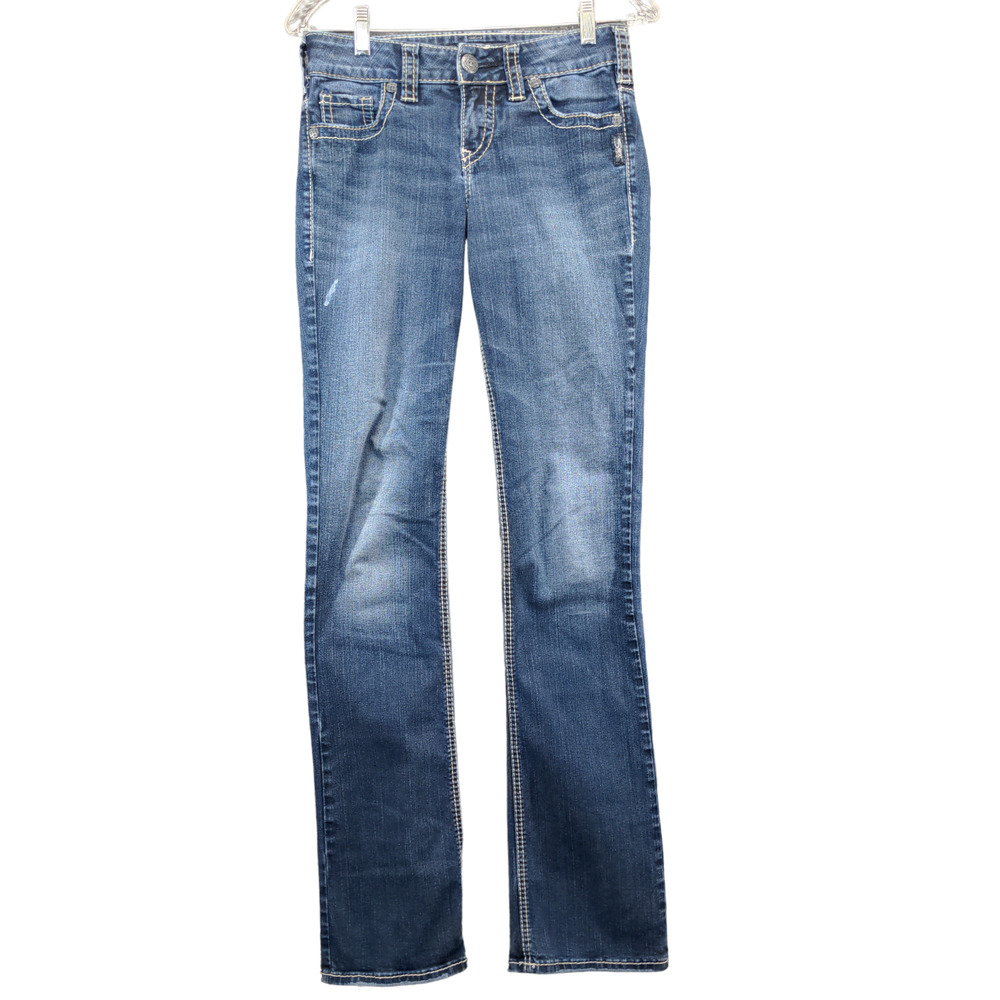 Silver Womens Suki Mid Slim Boot Jeans Blue Size 27x35 Denim Flap Pockets